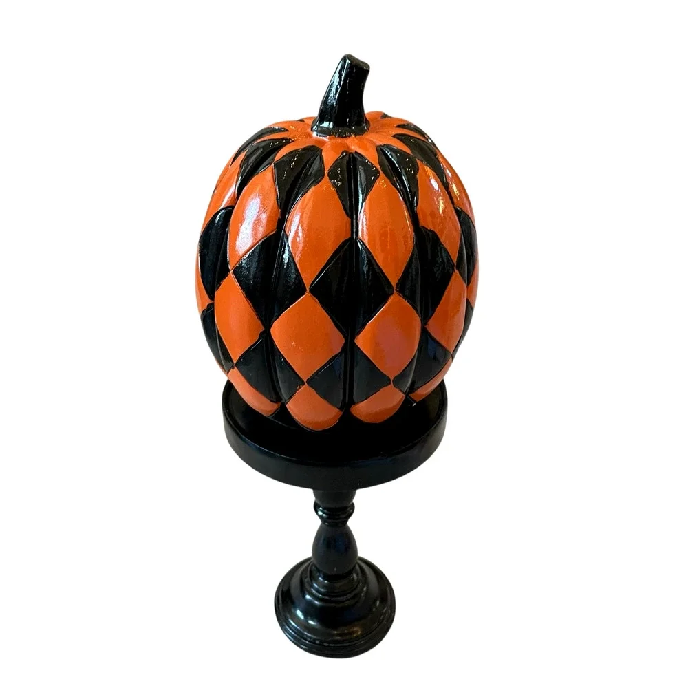 Black & Orange Checkered Pumpkin On Pedestal 13.5in Resin Halloween Decor NEW